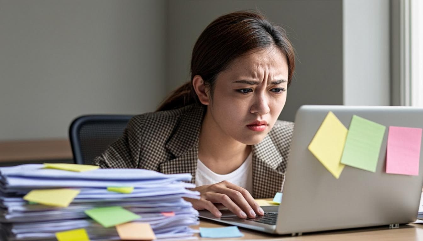 Professional at a desk piled with paperwork, looking overwhelmed at a laptop