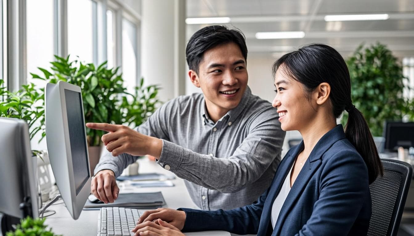 A colleague helping a teammate work through a problem at a computer